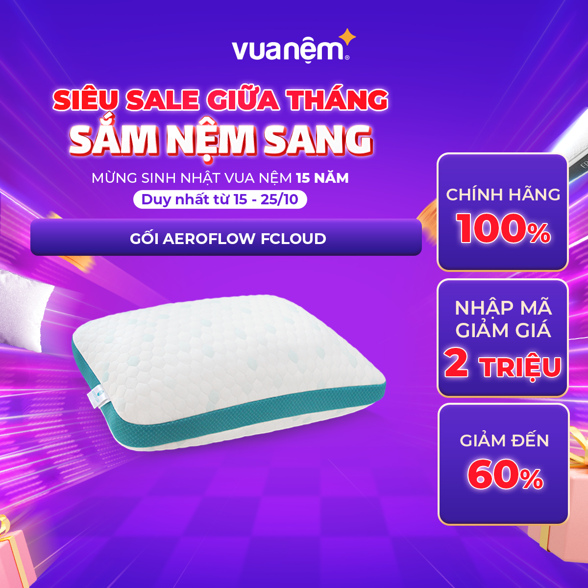 Gối cao cấp Memory Foam Aeroflow FCloud 43x63cm nâng đỡ đốt sống cổ, phân tán lực đều chống đau vai gáy, êm ái thoáng mát