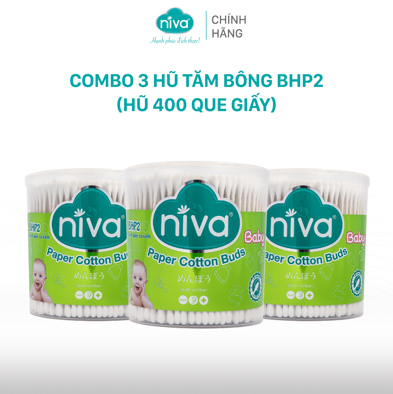 Combo 3 Tăm Bông Niva Cho Trẻ Sơ Sinh Hũ Xoay 400 Que Thân Giấy BHP2 Bông Tự Nhiên Kháng Khuẩn An Toàn, Thân Thiện Môi Trường