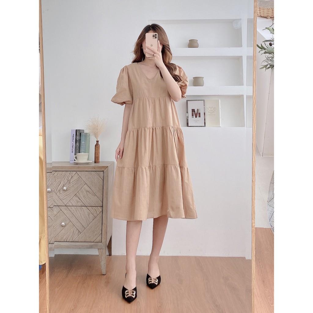 Váy suông dáng babydoll cổ V, 3 tầng, đầm xuông rộng freesize, chất đũi xước, tay bo phồng mã V181 - Michi's House
