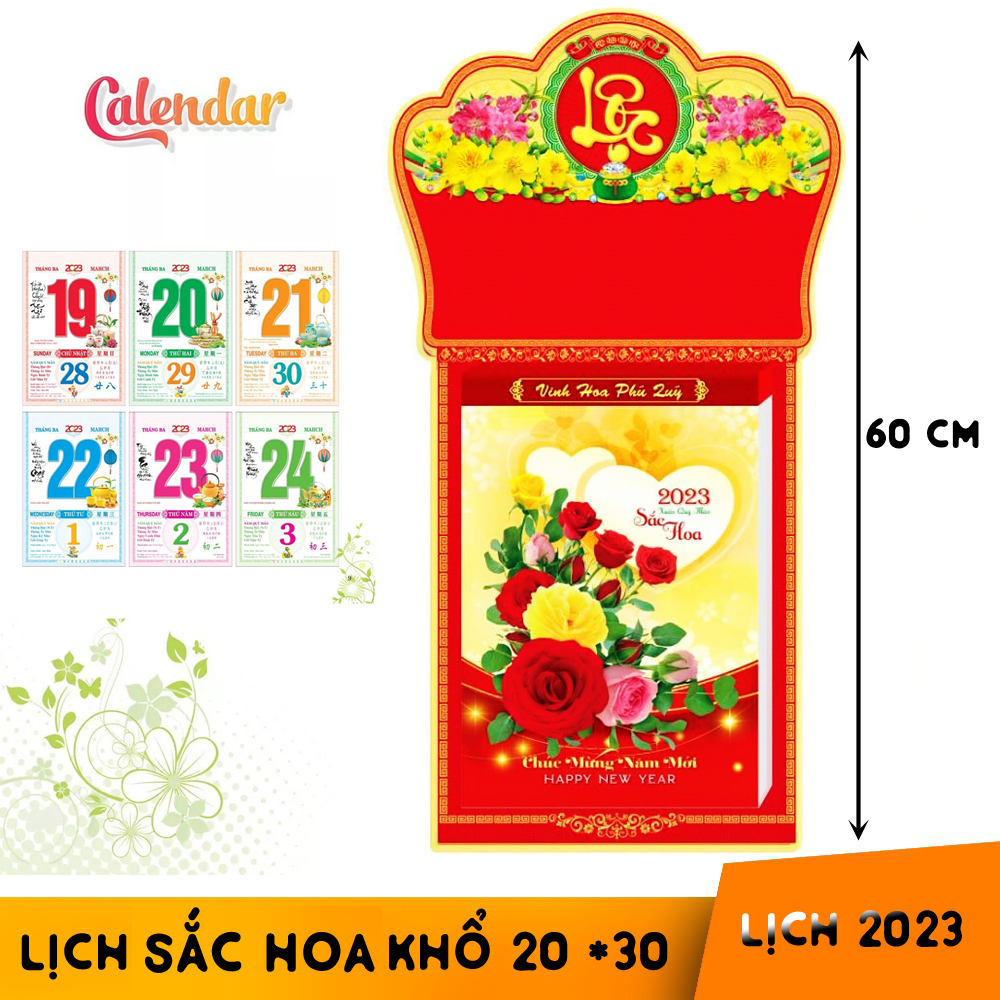 Lịch Hoa xuân chiều dài tổng 60 cm mừng xuân Quý Mão 2023 kích thước khổ bloc 20 * 30