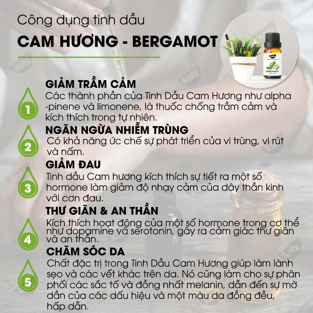 Tinh dầu Cam Hương Kobi Bergamot essential oil giúp thư giãn, giảm trầm cảm, giảm đau hiệu quả