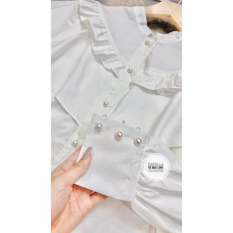 Áo sơ mi cổ trụ cúc ngọc bèo tầng