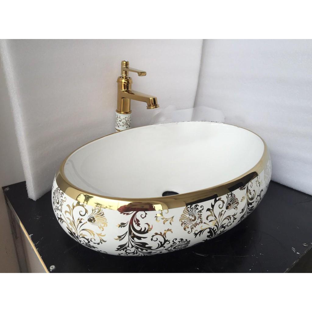 Chậu sứ lavabo để bàn hình oval, vân cổ điển màu vàng tuyệt đẹp