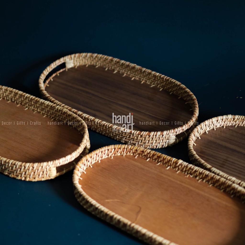 Khay mây oval - Khay oval đế gỗ - Oval rattan tray