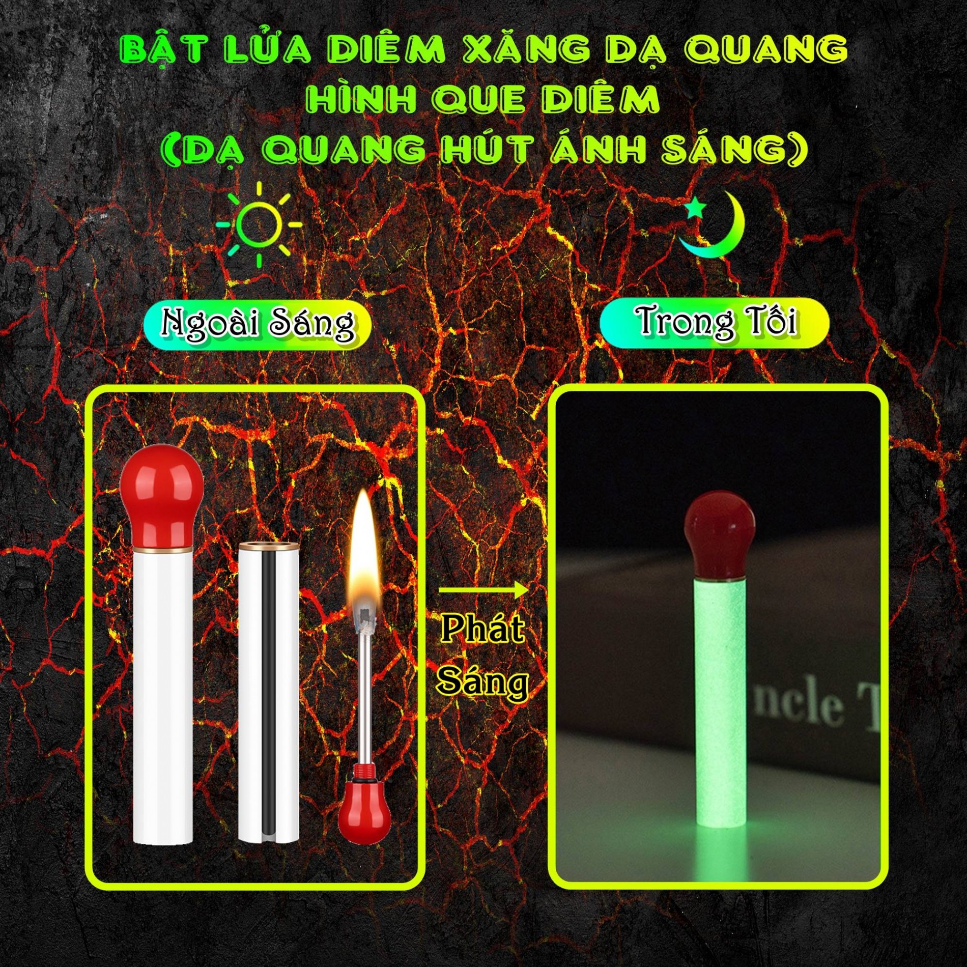 Hộp quẹt bật lửa diêm xăng dạ quang hình que diêm (dạ quang hút ánh sáng) - (xài xăng)