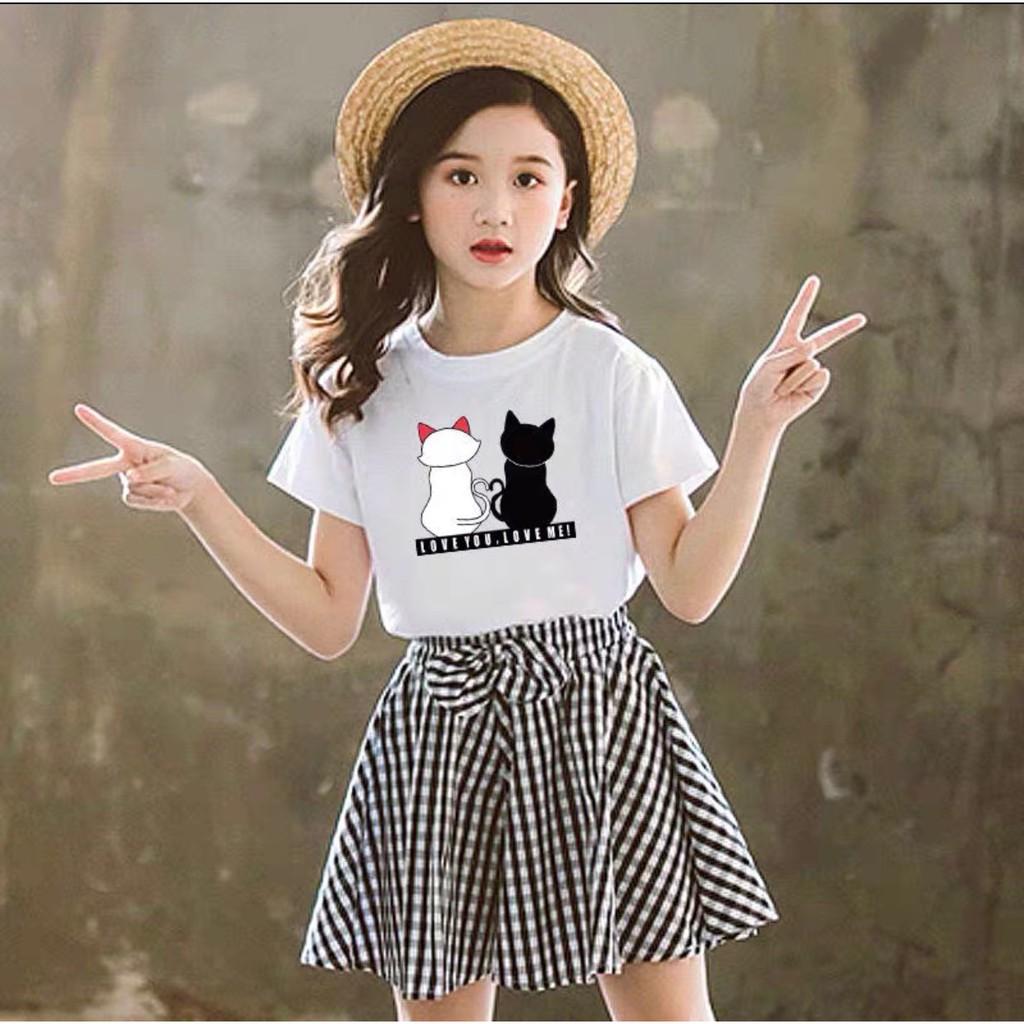 Áo thun bé gái Con Xinh cotton 2 CON MÈO LOVEU.LOVEME, áo thun trẻ em từ 5 đến 14 tuổi