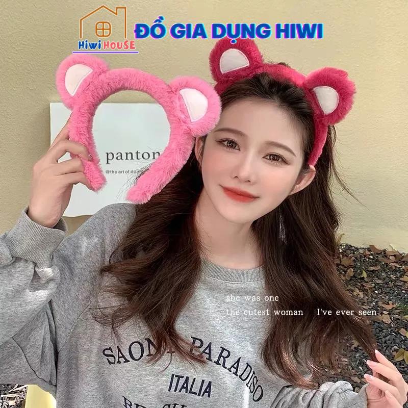 Bờm tóc băng đô tai gấu lông mềm mại màu hồng cute dễ thương phong cách Hàn Quốc