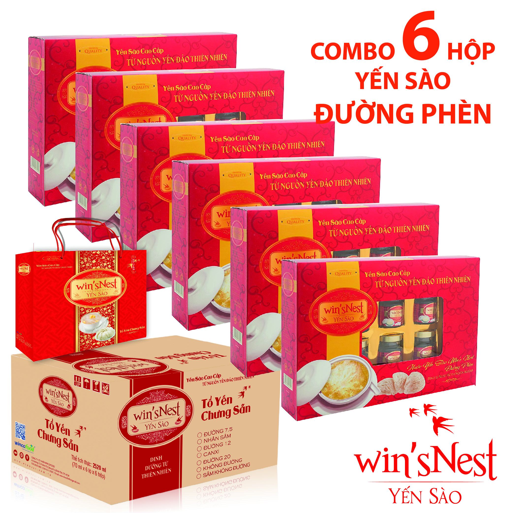 Combo 6 hộp nước yến sào win'sNest chưng sẵn đường phèn ( 6 Lọ * 70 ml / Hộp): giúp bồi bổ sức khỏe thích hợp cho mọi đối tượng và trẻ em  từ 1 tuổi trở lên