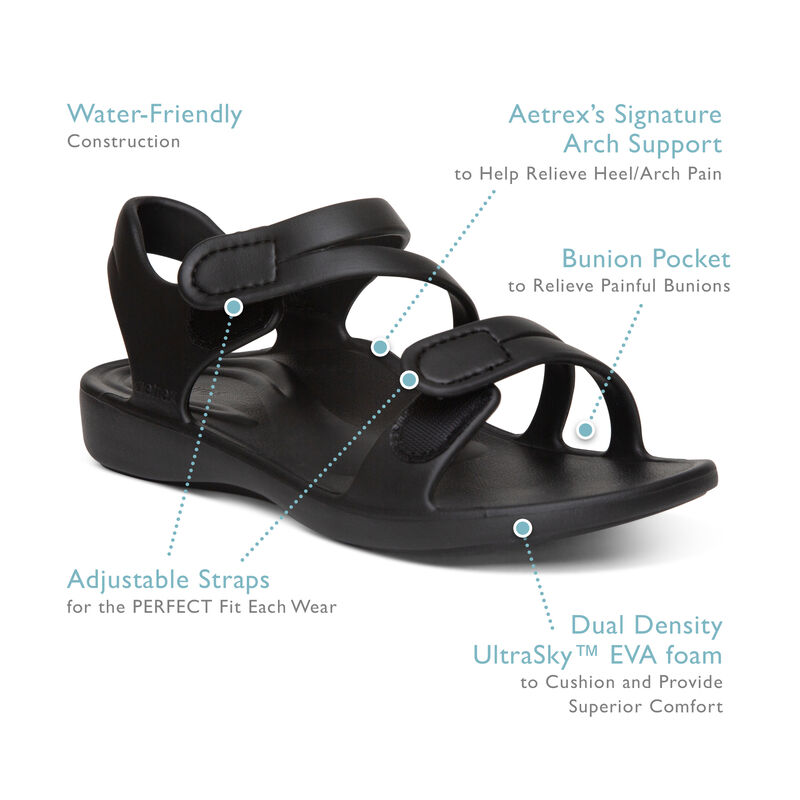 Sandal sức khoẻ nữ Aetrex Jillian Sport Black - Sandal quai dán nâng vòm, siêu mềm nhẹ, không thấm nước