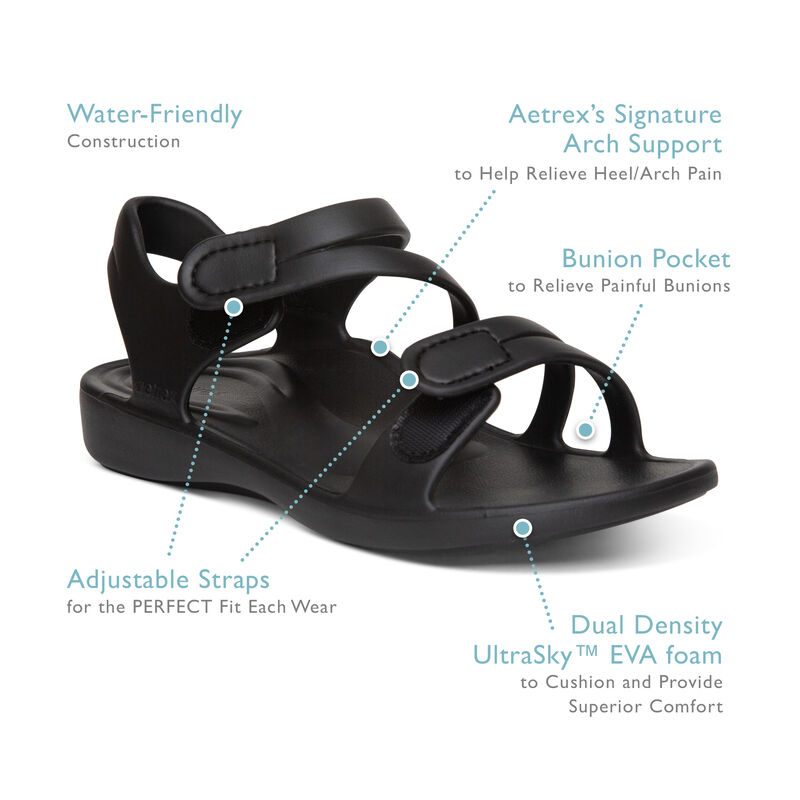 Sandal sức khoẻ nữ Aetrex Jillian Sport Black - Sandal quai dán siêu mềm nhẹ, chống thấm nước