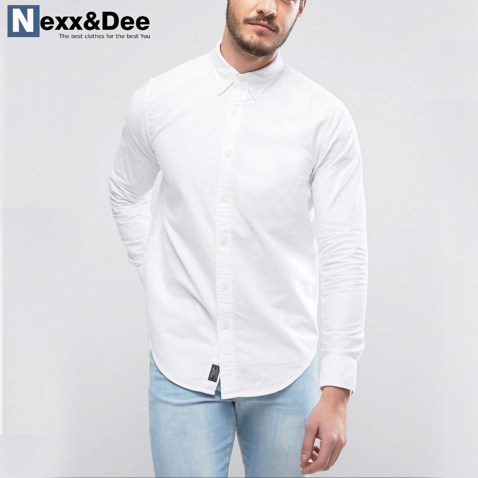 Áo sơ mi nam tay dài màu trắng công sở  không túi vải oxford denim cao cấp ND02