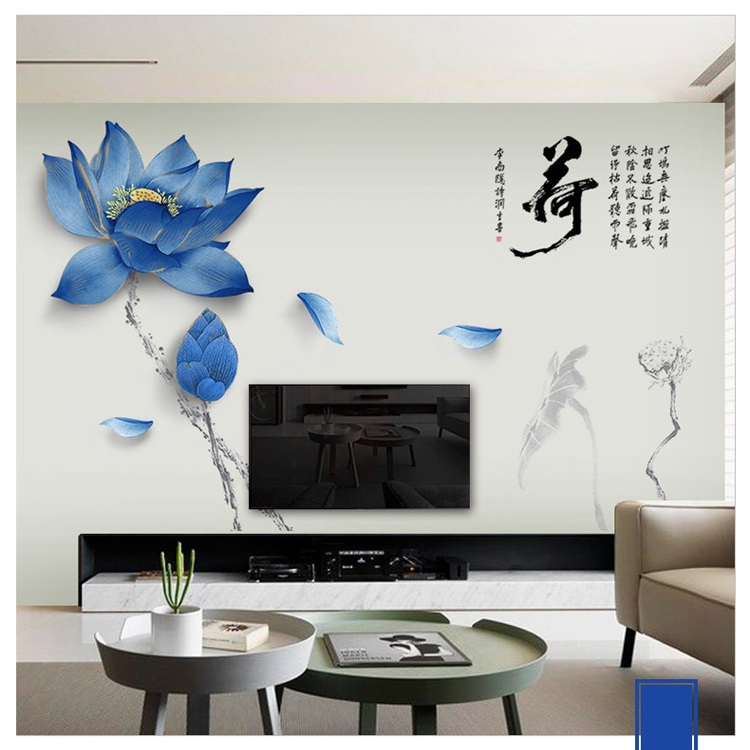 Decal dán tường tranh thủy mặc Hoa Sen xanh sang trọng trang trí phòng khách DH113