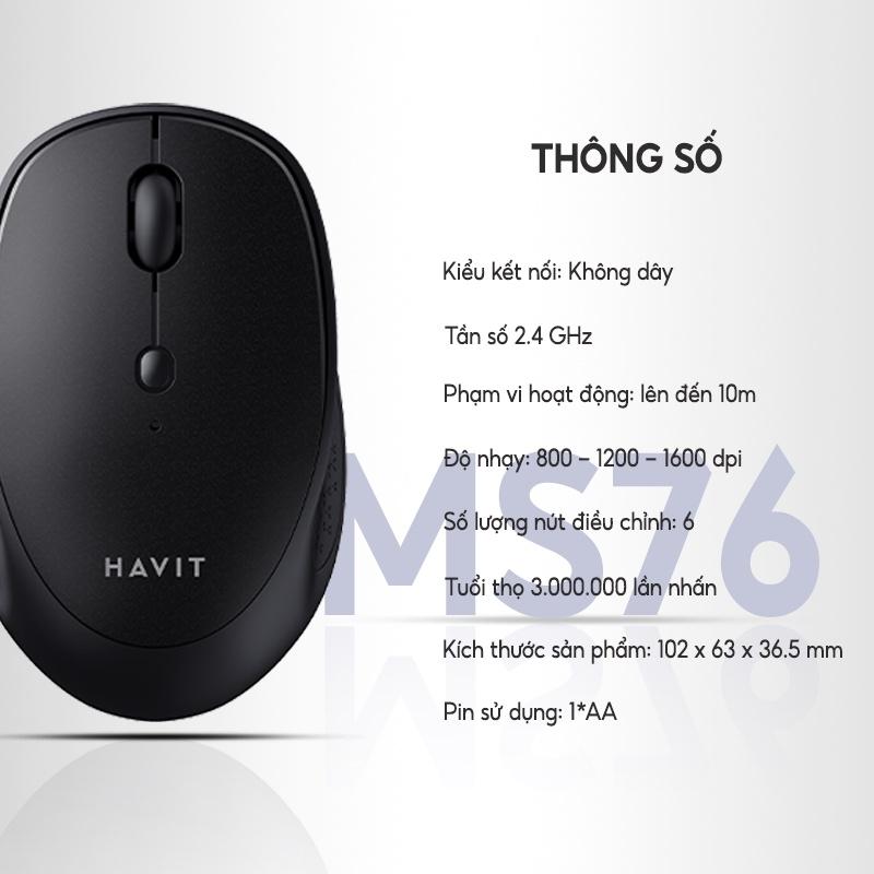 Chuột Không Dây HAVIT MS76, Thiết Kế Công Thái Học, 3 DPI+ 6 Nút Chỉnh, Tuổi Thọ 3Tr Lần Nhấn - Hàng Chính Hãng