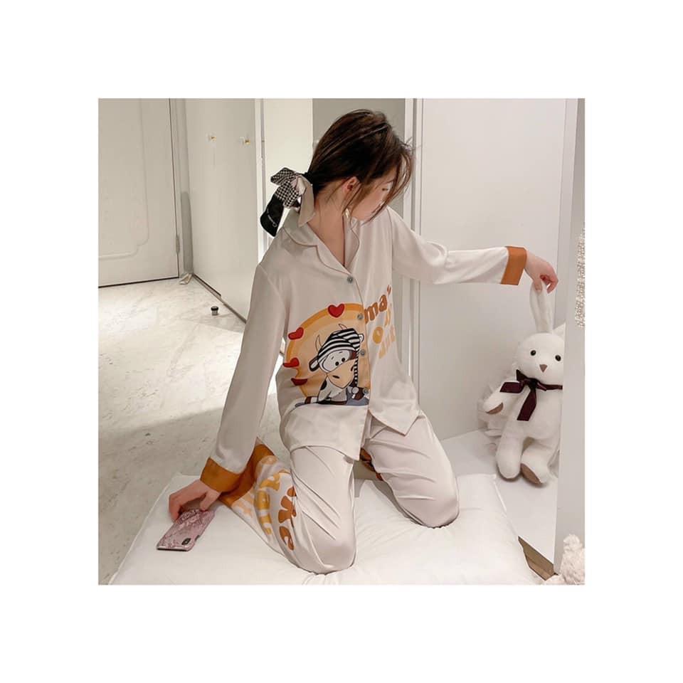 Pijama Lụa Cao Cấp Họa Tiết Bò Sữa