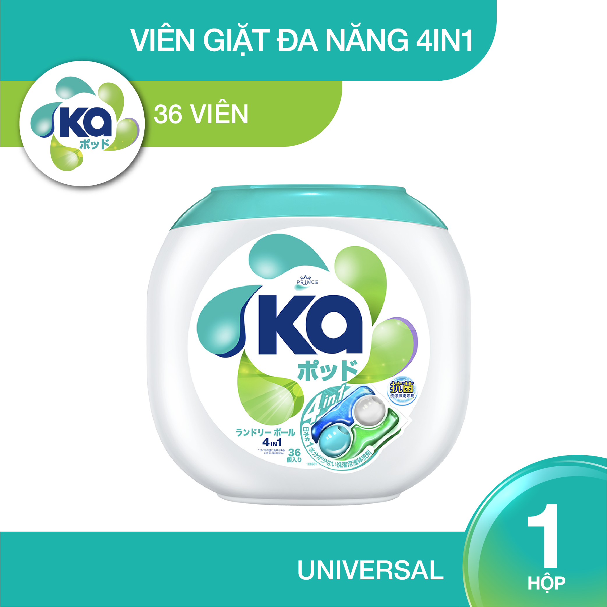 Hộp Viên Giặt Xả Đa Năng 4 Trong 1 KA Universal (36 Viên/ Hộp)