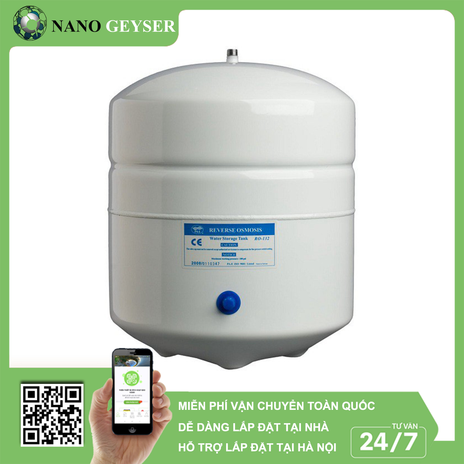 Bình áp máy lọc nước 8L Nano Geyser, Tặng van bình áp nối nhanh - Hàng Chính Hãng