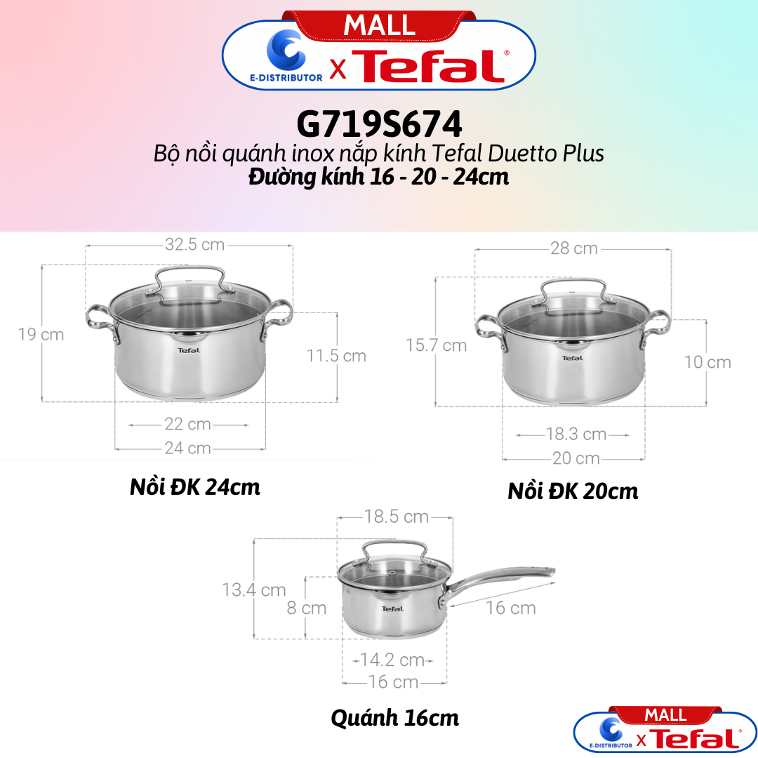 Bộ nồi quánh inox nắp kính Tefal Duetto Plus G719S674 - Gồm 1 cái nồi 20cm, 1 cái nồi 24cm, 1 cái quánh 16cm - Hàng Chính Hãng