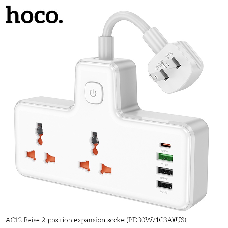 Ổ cắm điện đa năng sạc nhanh PD 30W có 1 cổng typeC + 3 cổng USB và có 2 lỗ cắm tải 2500W - Chính hãng