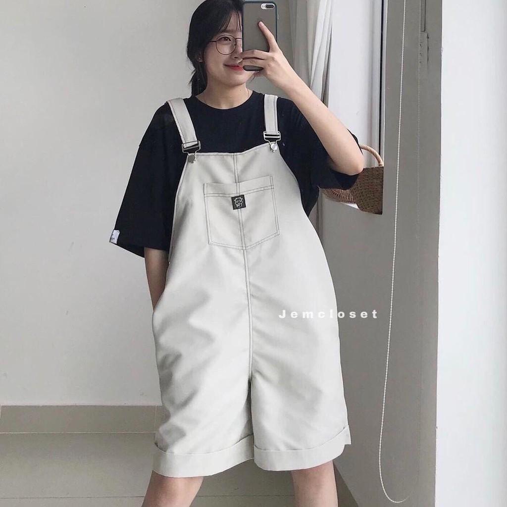 [RẺ VÔ ĐỊCH] Quần Yếm Nữ Dáng Xuông Ulzzang Yếm Kaki Đùi Lửng Form Rộng Unisex Có 2 Túi Trước 2 Màu Đen Trắng - phông trơn đen