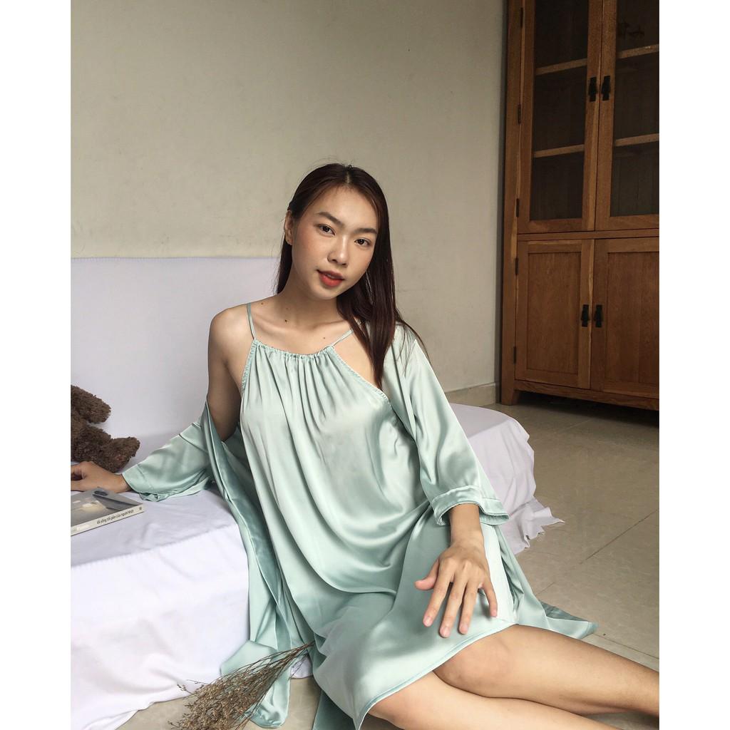 Váy ngủ lụa hai dây cổ nhúm tặng kèm quần chíp ren xinh xắn