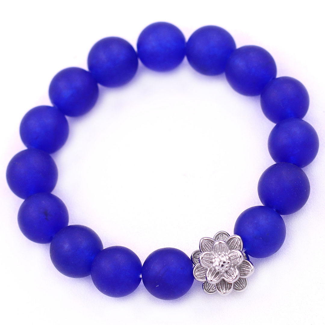 Vòng chuỗi đeo tay đá thạch anh xanh dương mờ 12 ly charm hoa sen inox, vòng chuỗi phong thuỷ, bông sen inox, vòng chuỗi hạt, vòng chuỗi tay charm bông sen inox