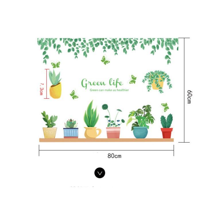 Decal trang trí tường - Nhiều chậu mini kèm lá trần Green Life
