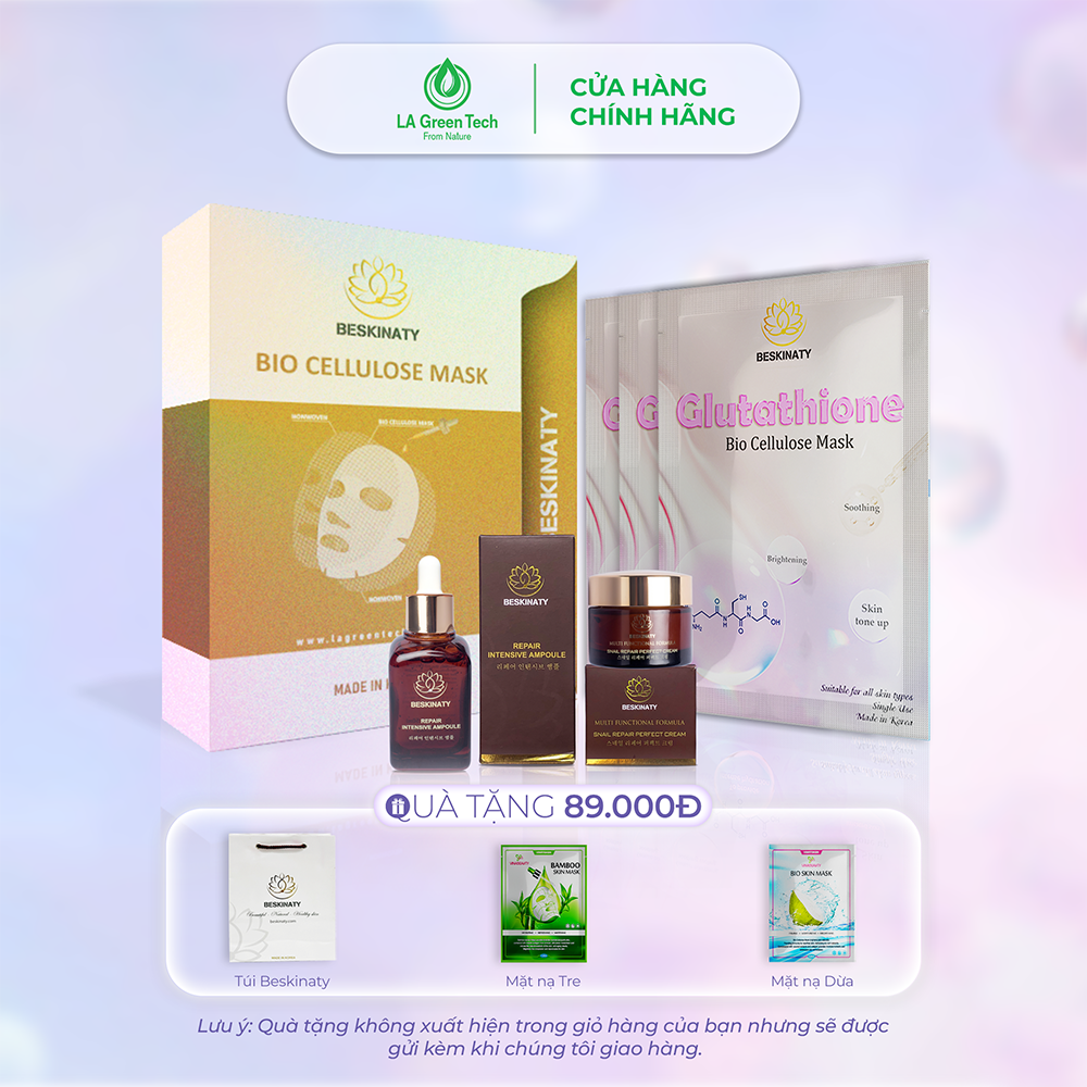 COMBO 3 MẶT NẠ DƯỠNG TRẮNG DA GLUTATHIONE BIO CELLULOSE MASK &amp; BỘ KEM DƯỠNG BESKINATY