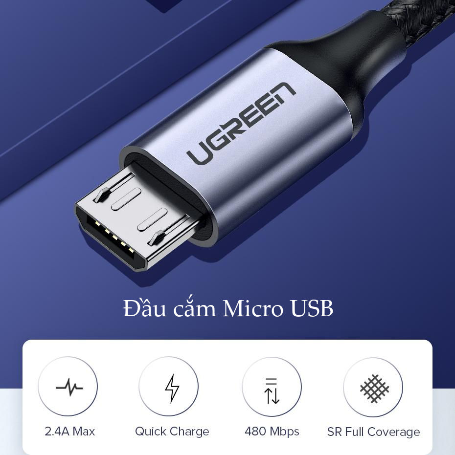 Dây cáp sạc nhanh Micro USB Ugreen US290 dài 3m, vỏ sợi bện siêu bền - Hàng nhập khẩu chính hãng