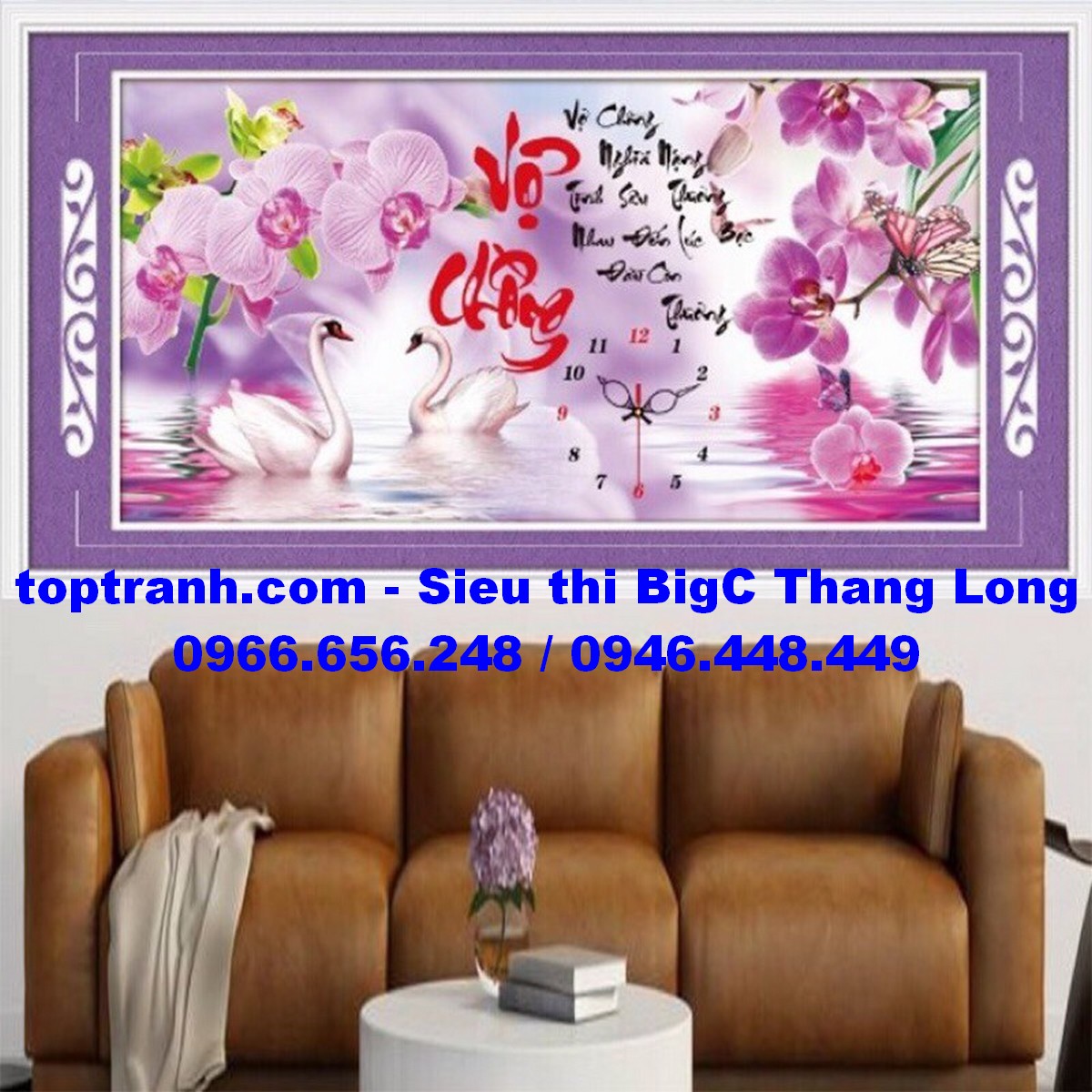 Tranh thêu chữ thập đồng hồ chữ vợ chồng hoa lan 88902 chưa thêu