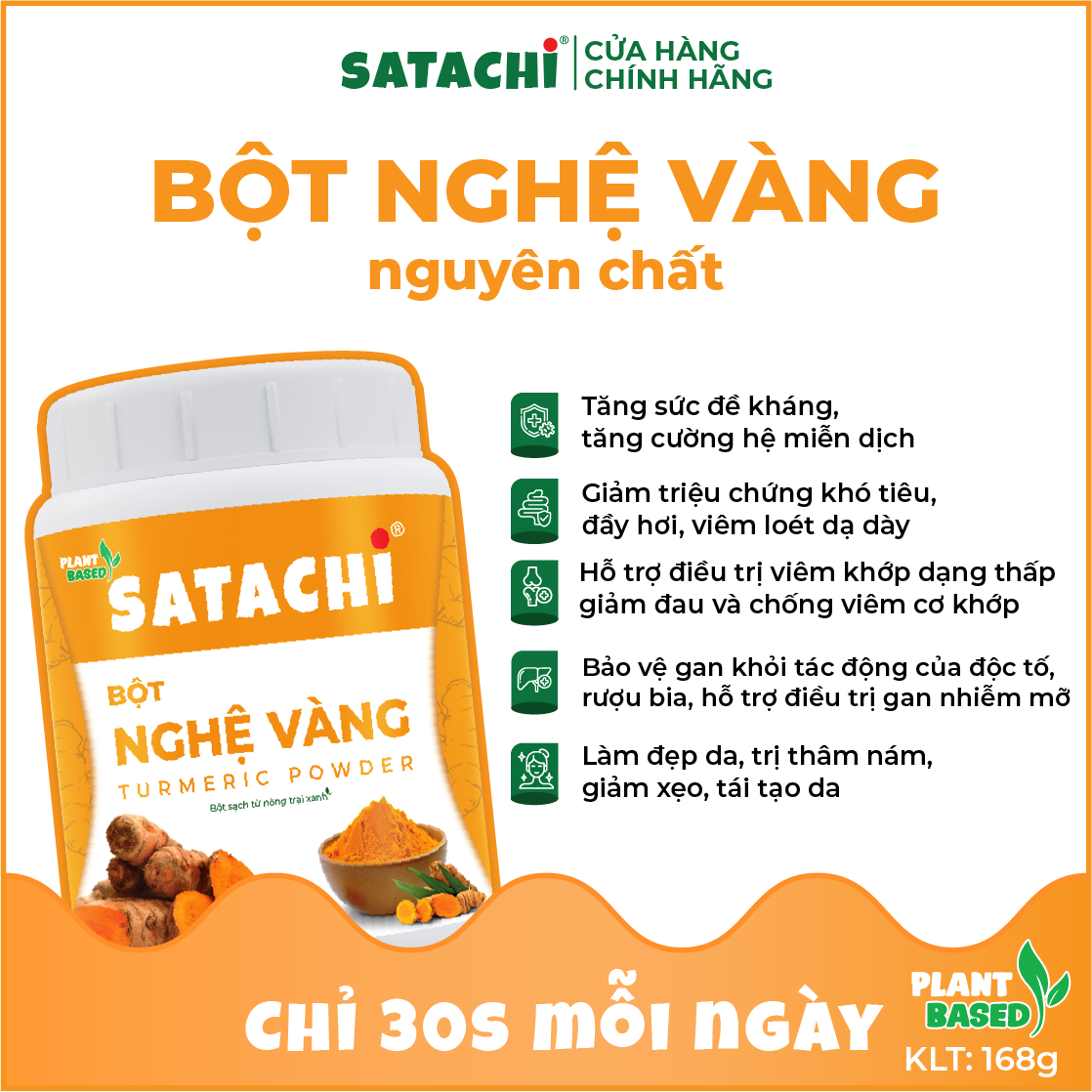 Bột Nghệ Vàng nguyên chất SATACHI. Tăng cường miễn dịch, sức khỏe tim mạch, ngủ ngon. Hộp 128g
