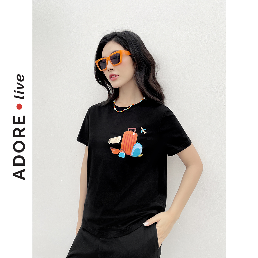 Áó Phông  Graphic T-shirts casual style cotton đen in suitcases 321TS2031 ADORE DRESS