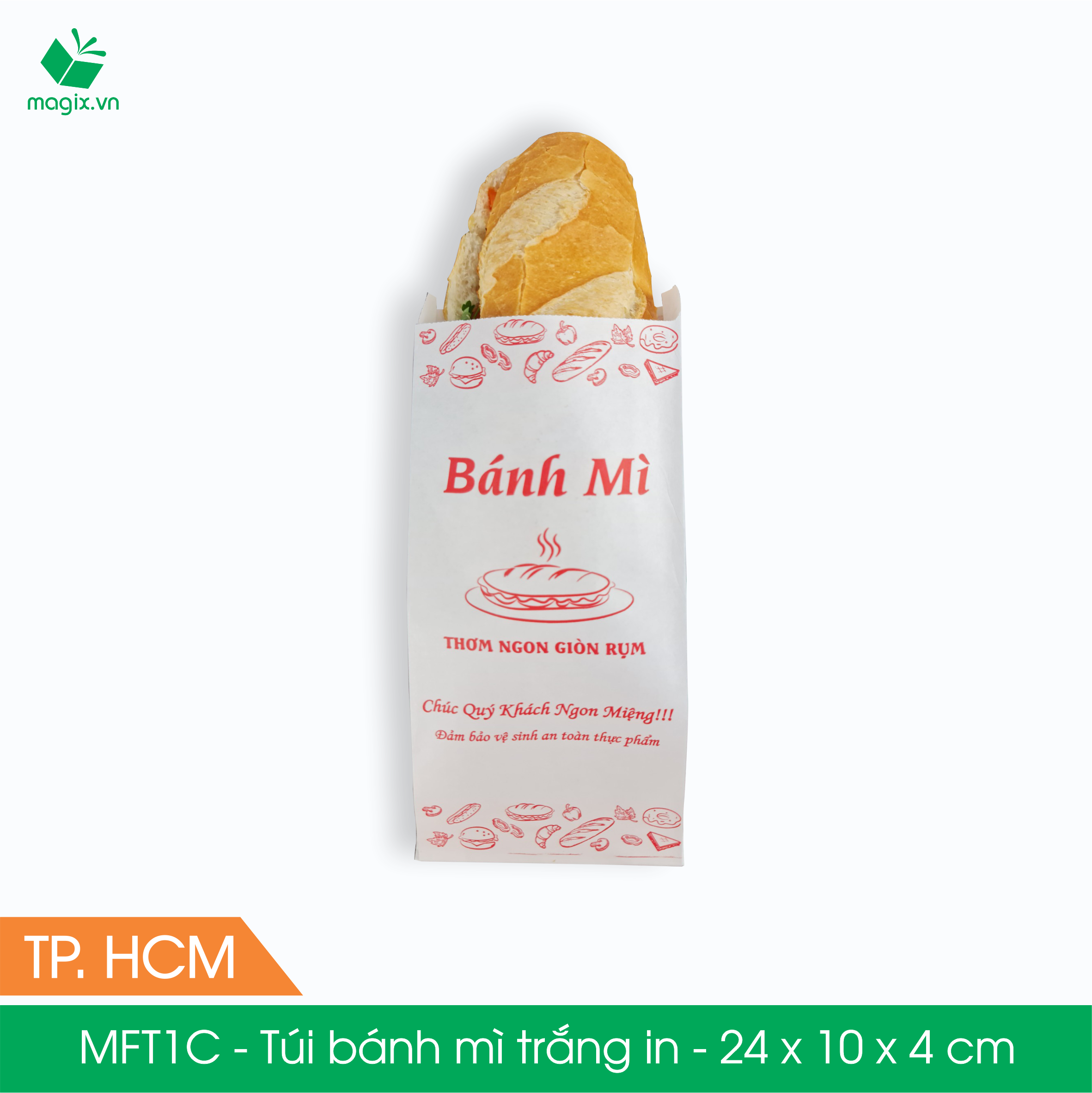 MFT1C - 24x10x4 cm - 100 Túi giấy bánh mì trắng có in