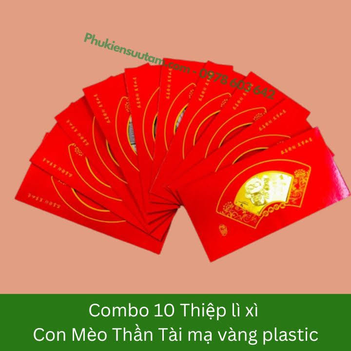 Combo 10 Thiệp Lì Xì Con Mèo Thần Tài Mạ Vàng Plastic, kích thước: 20cmx10cm, màu đỏ - SP005909