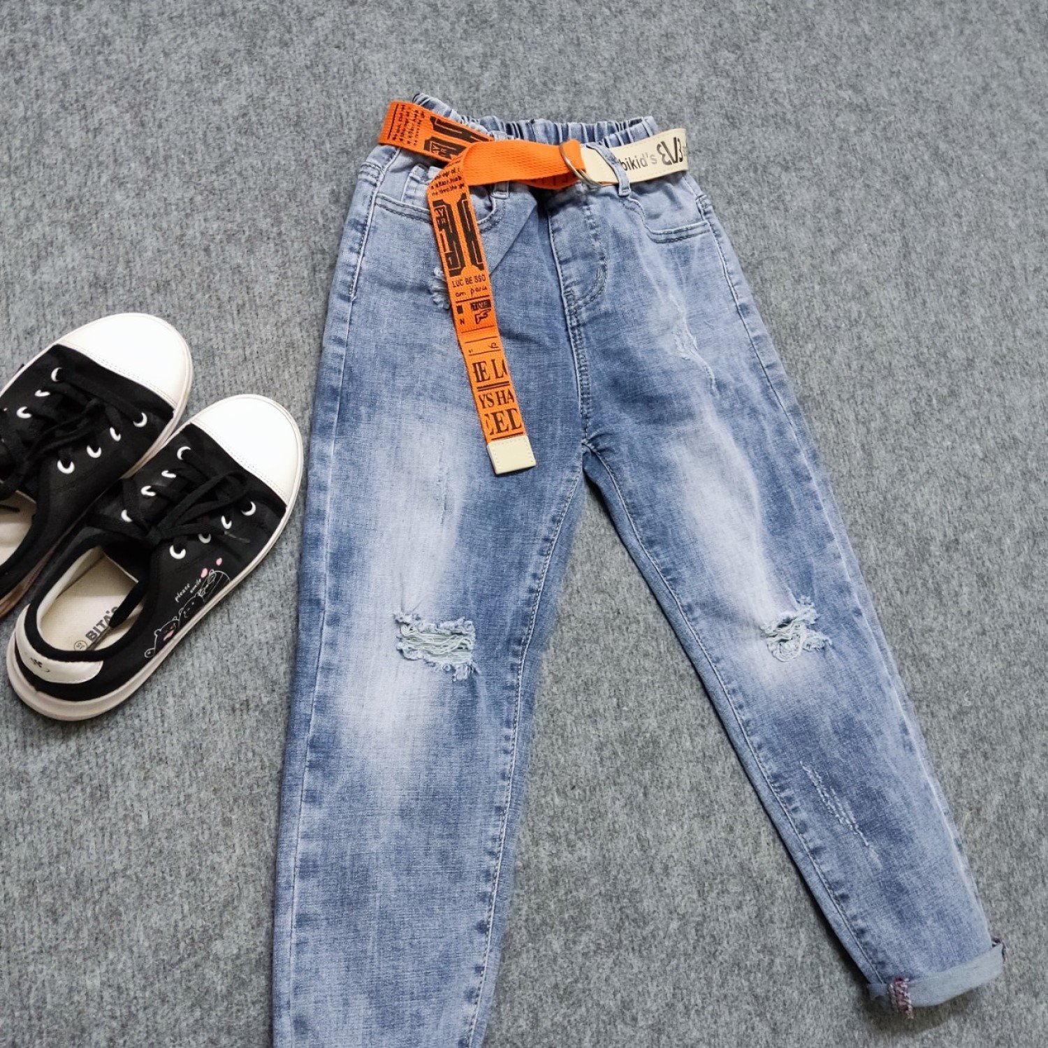 Q0112 Quần jean dài cao cấp bé trai, phom body, size đại, wax rách, chất co dãn thoải mái, kèm dây nịt