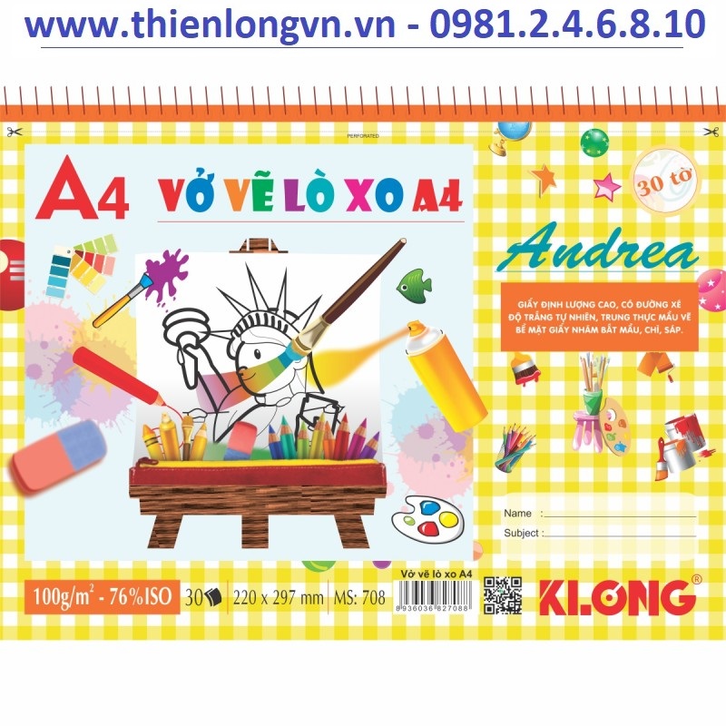 Vở vẽ lò xo xé A4 - 30 tờ; Klong 708