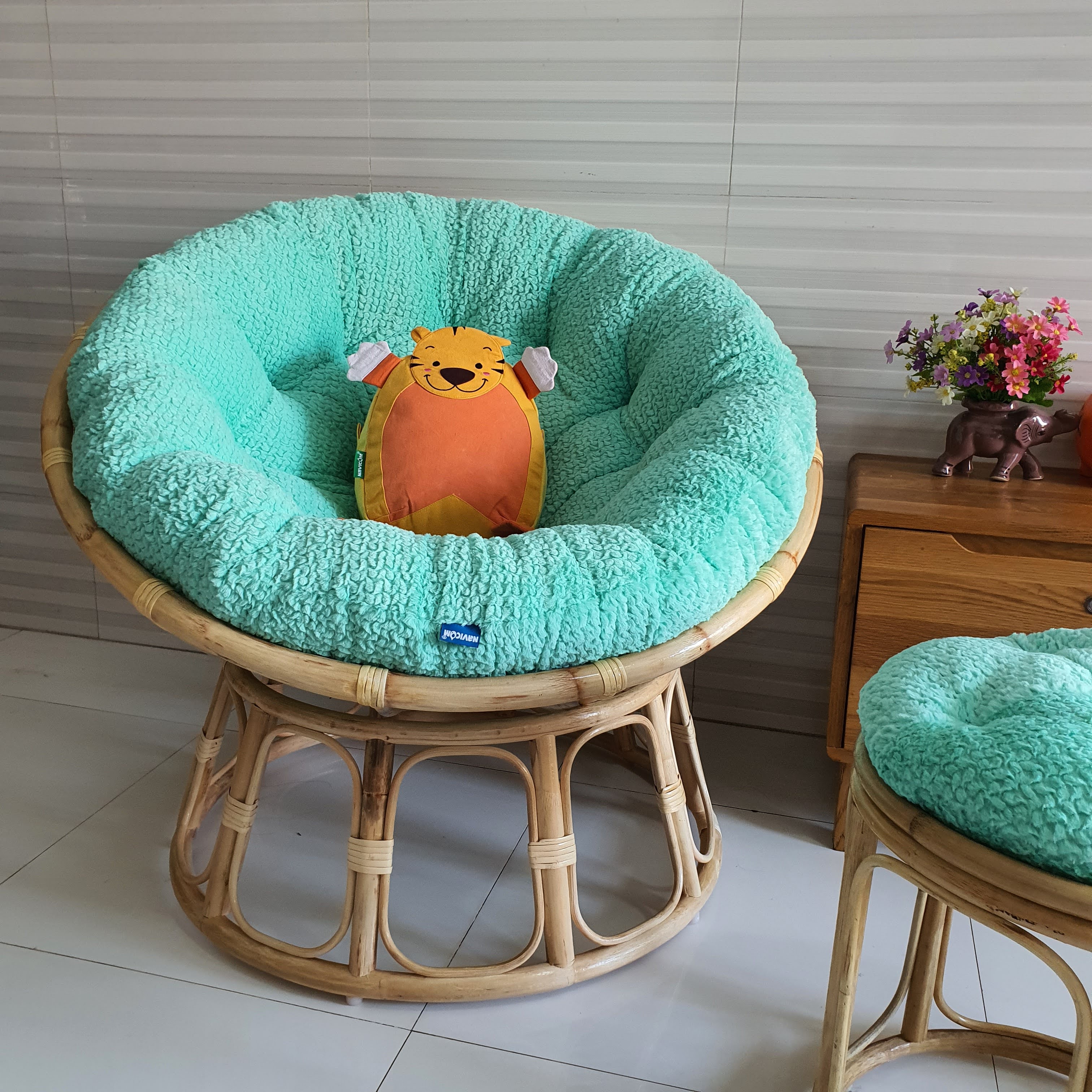 Bộ ghế thư giãn papasan + đôn nhỏ ( Vải nhung cao cấp xanh ngọc)