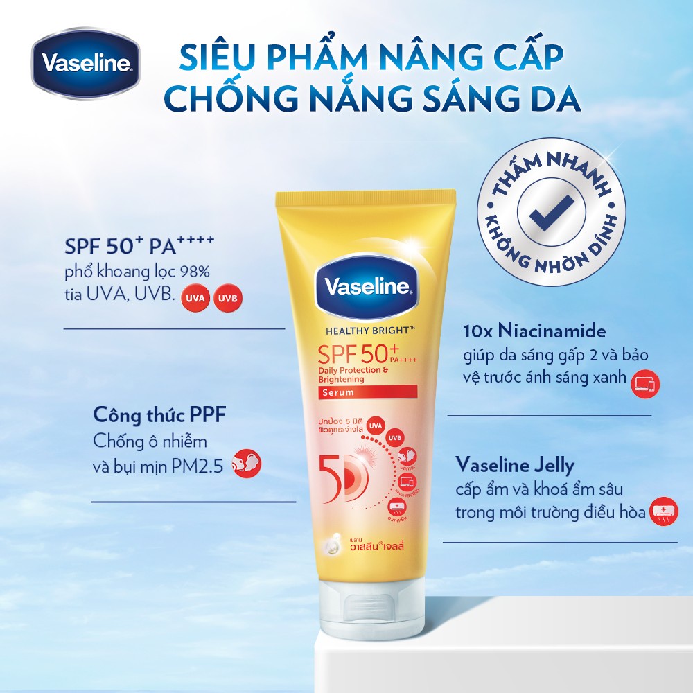 Serum chống nắng cơ thể Vaseline 50x bảo vệ da với SPF 50+ PA++++ giúp da sáng hơn gấp 2X 300ML