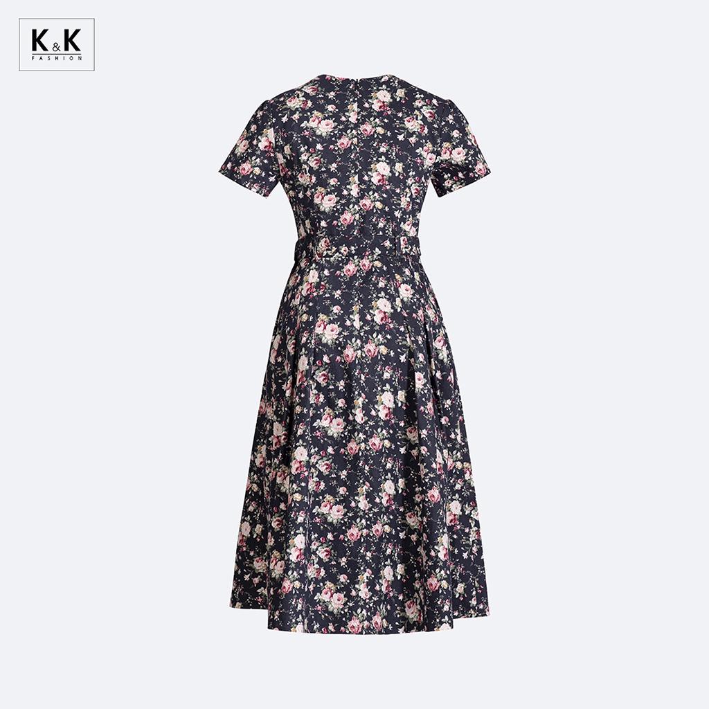 Đầm Xòe Họa Tiết Hoa Cổ Xẻ V K&amp;K Fashion KK130-37 Chất Liệu Kaki Thun