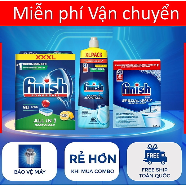 Viên rửa bát finish All in one 90 viên+Dung dịch nước làm bóng finish 750ml+Muối rửa bát chén finish 1.2kg cho Máy rửa bát