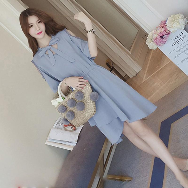 ĐẦM VOAN NHÚN EO BUỘC NƠ NỮ SINH HAI MÀU XANH, CAM