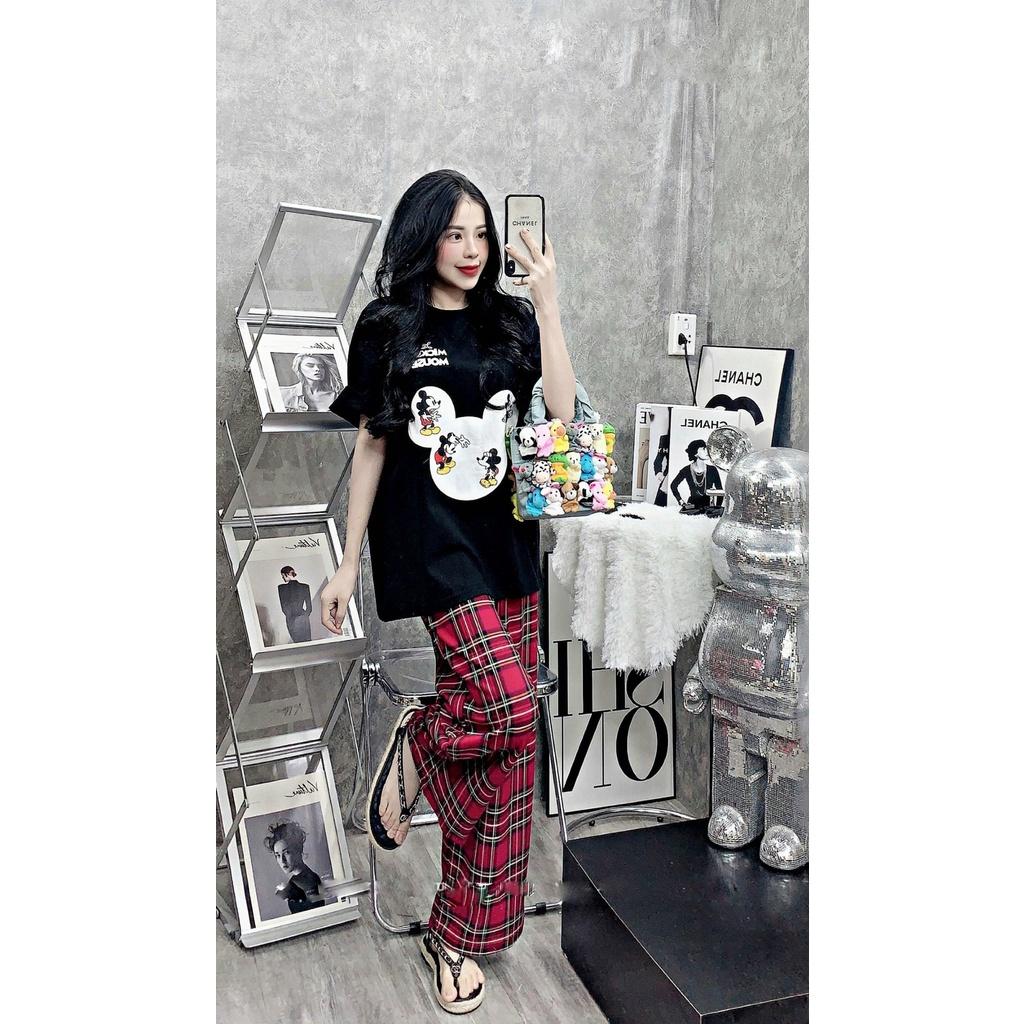 Set Bộ Thun Áo Xanh In Mickey Quần Suông Caro