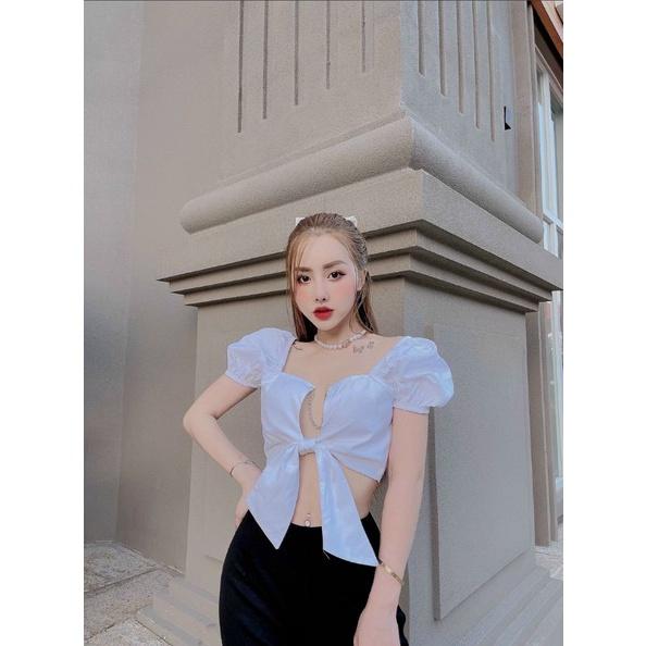 Sét áo croptop tay phồng quần tây ống loe