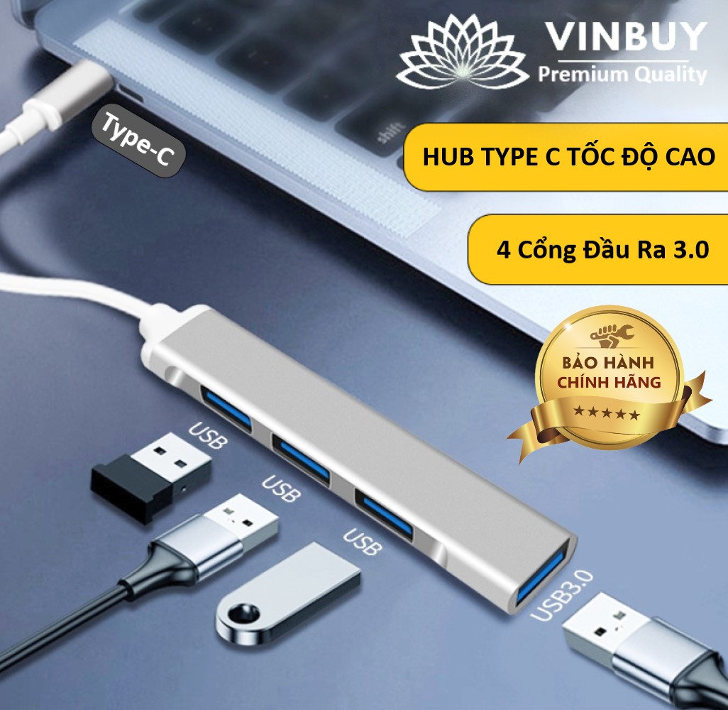 HUB TYPE C Và HUB USB 3.0 Tốc Độ Cao Chia 4 Cổng VinBuy, HUB Chuyển Đổi Dành Cho Macbook Pro Laptop PC Hỗ Trợ Sạc Pin Kết Nối Đa Năng Ổ Cứng Bàn Phím Chuột Máy In, Thiết Bị Ổ Chia USB - Hàng Chính Hãng