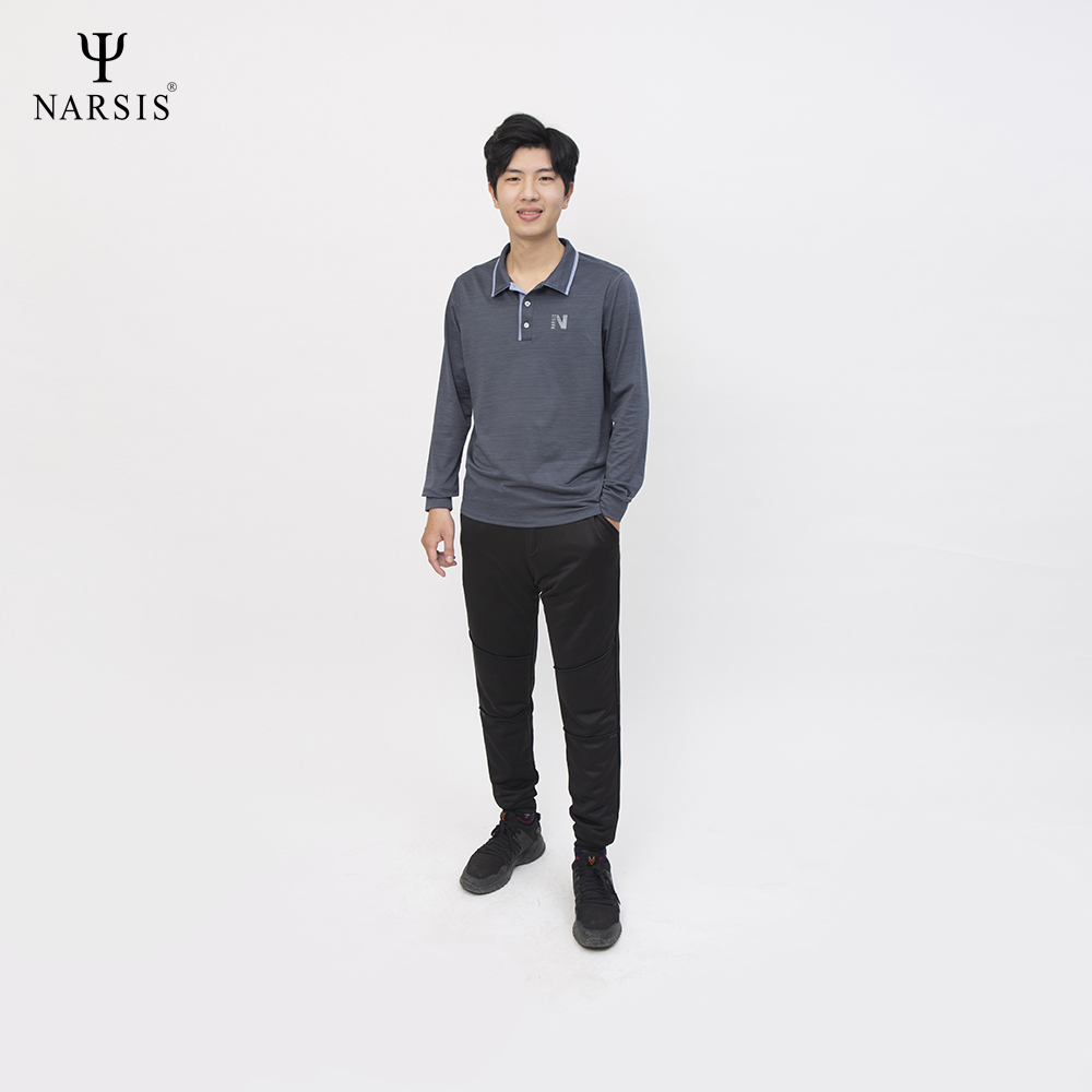 Áo Polo nam dài tay Narsis D0033 màu ghi đậm phối tim than