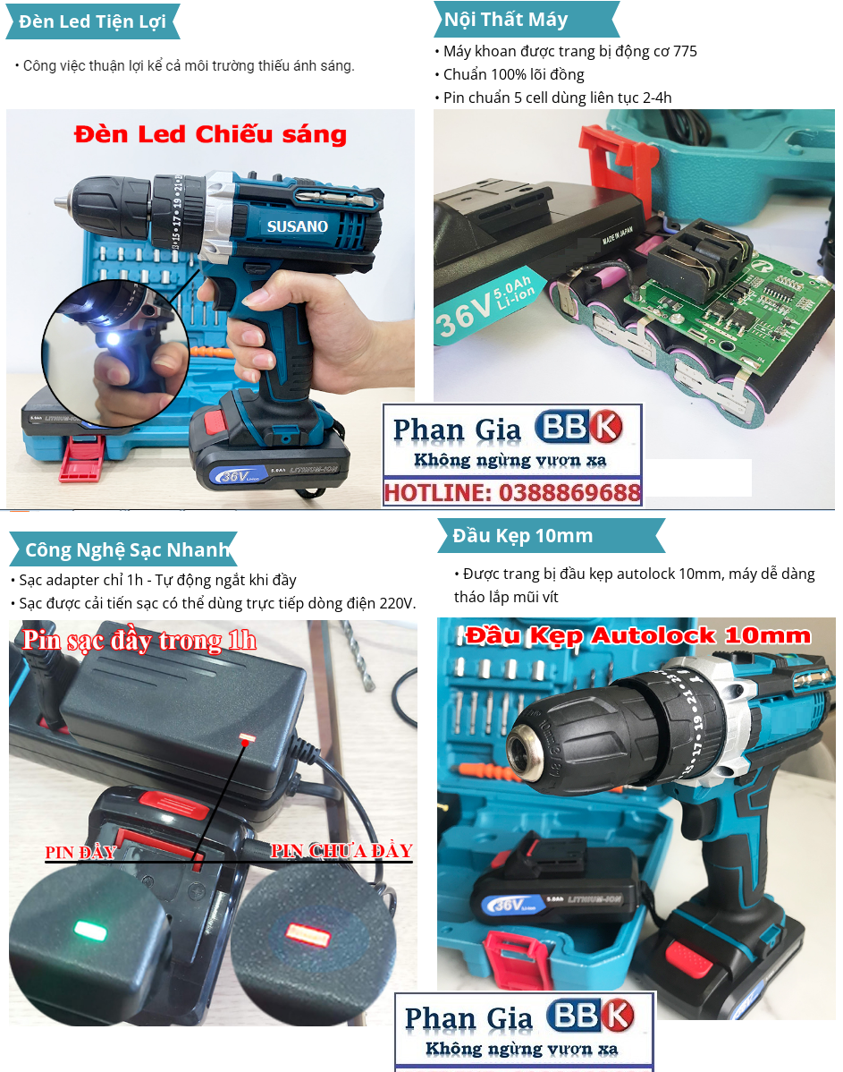 [LOẠI 1] Máy khoan pin SUSANO 36V 3 chức năng- Tặng bộ phụ kiện 24 chi tiết, Lõi đồng, Máy bắn vít cầm tay