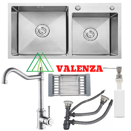 Combo chậu rửa bát inox Valenza sus304 8245 hố lệch, vòi rửa bát cổ điển, bộ xả, rổ, bình xà phòng