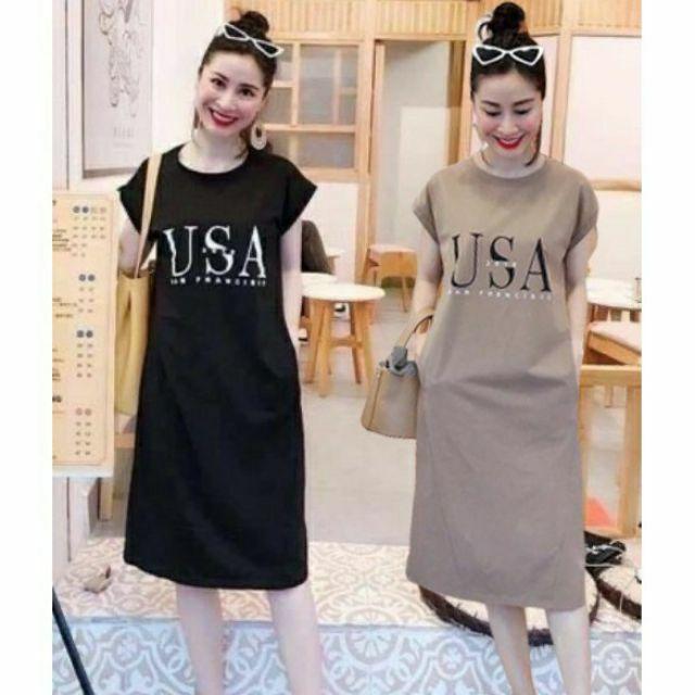 Váy suông in chữ u.s.a xẻ tà xinh xắn chất cotton