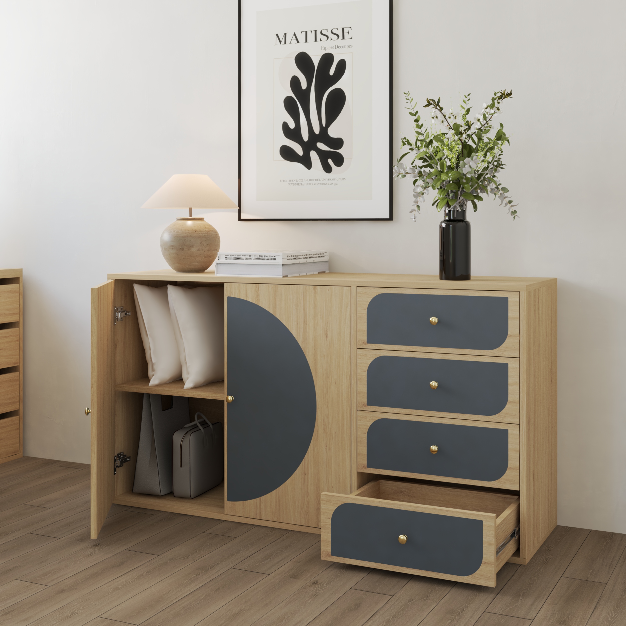 [Happy Home Furniture] BANA, Tủ lưu trữ 2 cửa mở - 4 ngăn kéo, 140cm x 40cm x 76cm ( DxRxC), TCM_126