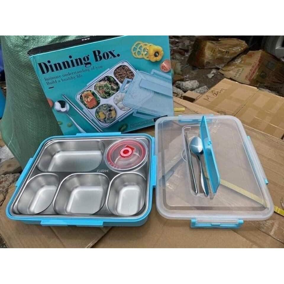 Hộp Cơm Văn Phòng Inox 5 Ngăn Có Giá Đỡ Điện Thoại Kèm Đũa Thìa