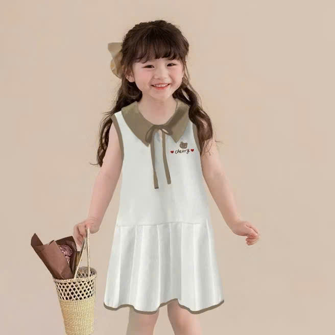 ĐẦM THUN BÉ GÁI SÁT NÁCH CỔ SEN XẾP LY IN GẤU CHERRY DỄ THƯƠNG TỪ 12-36KG CHO BÉ GÁI